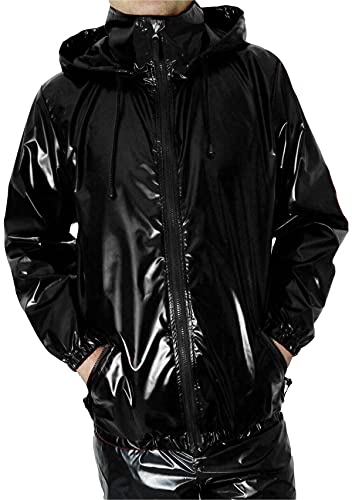 Herren-Regenmantel, PVC, glänzend, stilvoll, Café-Racer-Stil, Motorrad-/Biker-Lederjacke, Schwarz – Regenjacke, XXL von HiFacon