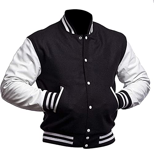 Herren Varsity Jacken - High School College Letterman Bomberjacke Wolle + Kunstlederärmel, schwarz / weiß, L von HiFacon