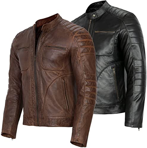 Herren Vintage Cafe Racer Echtleder Jacke Schwarz Braun Slim Fit Bikerjacke Gr. L, Braun – echtes Leder von HiFacon
