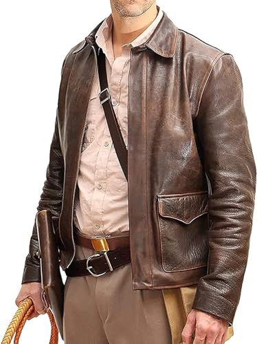 Herren Western Cowboy Braun Echtleder Jacke Indiana Jones Jacke Harrison Ford Raiders of The Lost Ark Indiana Jones Leder Distressed Jacke, Braun – echtes Leder, XXL von HiFacon