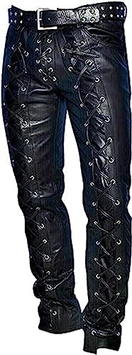 Herren rote Lederhose seitlich geschnürt Bikers Jeans Hose | Herren Lederhosen Kollektion, Schwarze Schnürsenkel Hose - Echtes Leder, 41-44.5 von HiFacon