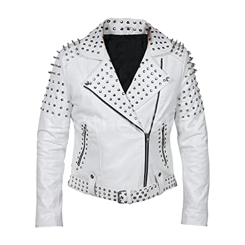 HiFacon Biker-Lederjacke für Herren, Gothic-Stil, Punk-Rock-Welt, Nieten, Retro, Weiß - Weiß - Mittel von HiFacon