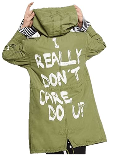 HiFacon Damen Cargo-Mantel mit Kapuze "I Really Don't Care Do You", Baumwolle, bedruckt, Olivgrün, Cotton - I Dont Care Coat, 32 von HiFacon