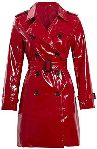 HiFacon Damen Mode Outdoor Wetlook Kleidung Trenchcoat Regenmantel Schwarz PU Leder Kleidung PVC, Roter PVC-Mantel, 3XL von HiFacon