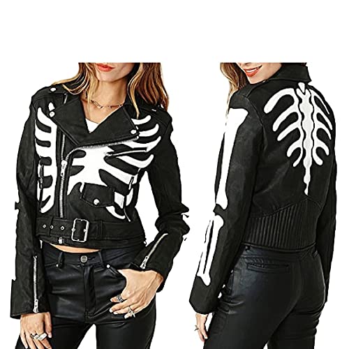 HiFacon Damen Skelett Knochen Zombie Biker Motorrad Schwarz & Weiß Echtleder Jacke Halloween, Kunstleder – Skelett-Jacke, XXS von HiFacon