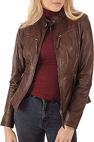 HiFacon Damen Vintage Retro Cafe Racer Braun Echtleder Jacke Biker Motorrad Stilvoll, Echtlederjacke, 48 von HiFacon