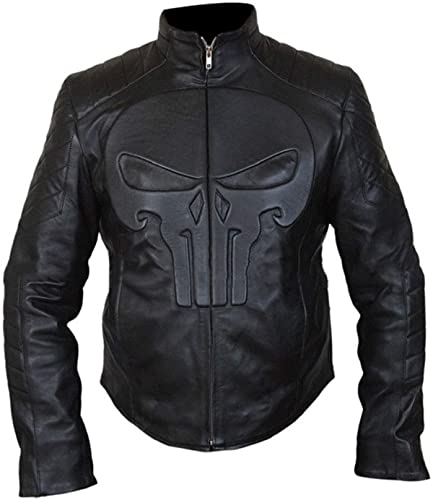 HiFacon Frank Castle The Punisher Lederjacke Geprägter Totenkopf Schwarz Biker Jacke, Schwarz – Jacke mit Totenkopf-Prägung, XXL von HiFacon