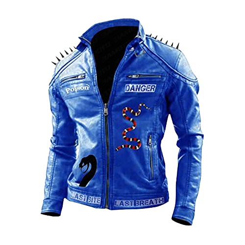 HiFacon Herren Bikerjacke I am Venomous Last Bite Last Breath Serpents Nieten Nieten Rot Brando Vintage Motorrad Retro Biker Leder Oberbekleidung Jacke Gr. XL, Blau – Kunstlederjacke von HiFacon