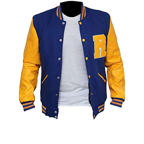 HiFacon Herren-Bomberjacke mit R-Logo, Riverdale-Jacke, KJ APA Letterman, Fleecejacke, Archie Andrews, Fleece: Blau und Gelb, M von HiFacon
