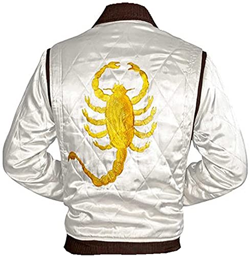 HiFacon Herren-Bomberjacke Drive Scorpion Ryan Gosling Skorpion-Logo, gestepptes Design, Satin-Bomberjacke, Weiß / elfenbeinfarben, L von HiFacon