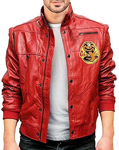 HiFacon Herren Karate Kid Cobra Kai Patch Johnny Lawrence William Zabka Motorrad schwarze Lederjacke, Red Cobra Kai Echtleder von HiFacon