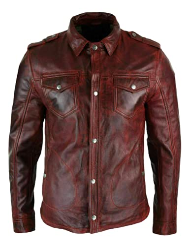 HiFacon Herren Lederhemd Western Trucker Cowboy Echtleder Sommerjacke Burdungy, Burdungy - Lederhemd, L von HiFacon