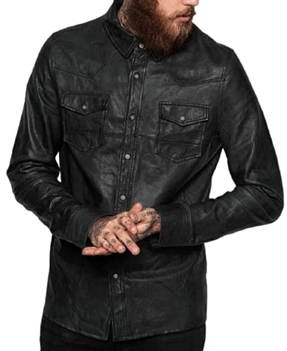 HiFacon Herren Lederhemd Western Trucker Cowboy Echtleder Sommerjacke Burdungy Gr. L, Schwarz – Herren-Lederhemd von HiFacon