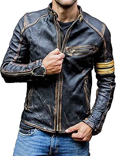 HiFacon Herren Lederjacke im Vintage-/Retro-Stil, Vintage-/Café-Racer-Design, Gelb gestreift, Distressed Leather Jacket, M von HiFacon