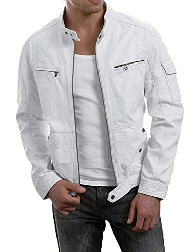 HiFacon Herren Lederjacken Motorrad Bomber Biker Weiß Echtleder Jacke Herren - Weiß - X-Large von HiFacon