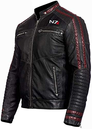HiFacon Herren Mass Effect 3 N7 Commander Shepard Motorradjacke, Leder, Retro-Stil, Schwarz Gr. XS, Schwarz - Echtleder von HiFacon