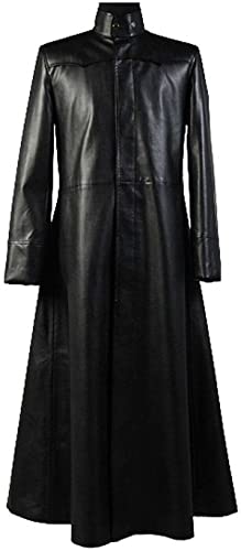 HiFacon Herren Matrix Neo Keanu Reeves Runder Kragen Schwarz Gothic Steampunk Trench-Matrix Mantel, Schwarz - Echtleder, XL von HiFacon