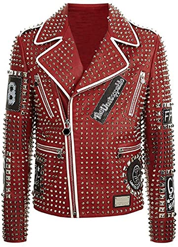 HiFacon Herren Motorradjacke mit Nieten, Retro-Stil, Rot Gr. XL, Rot – Lederjacke von HiFacon