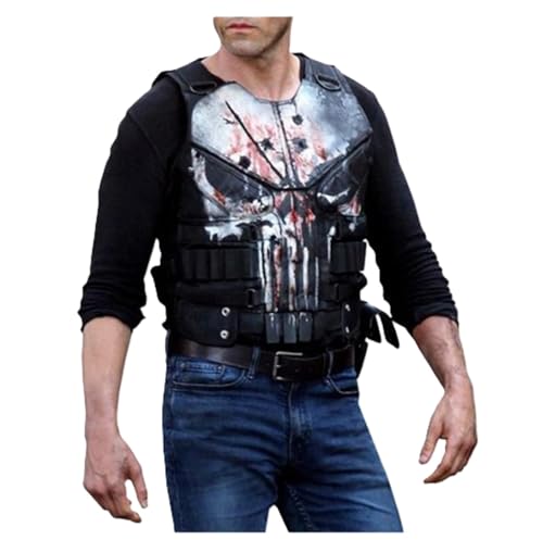 HiFacon Herren Punisher Lederweste Frank Castle Skull Logo Halloween Jon Bernthal Skelett Kostüm, Schwarz - Kunstleder, XL von HiFacon