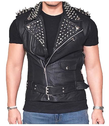 HiFacon Herren Punk Rock Nieten Lederweste | Motorrad Brando Style Slimfit Lederjacke, Schwarz - Echtleder, M von HiFacon