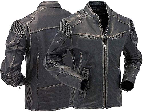 HiFacon Herren Vintage Café Racer Jacke Motorrad Retro Distressed Leder Biker Jacke, Schwarz , L von HiFacon