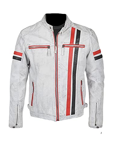 HiFacon Herren Vintage Cafe Racer Retro Weiß Motorrad Rot Schwarz Streifen Biker Rindsleder Jacke, Weiß - Leder, XL von HiFacon