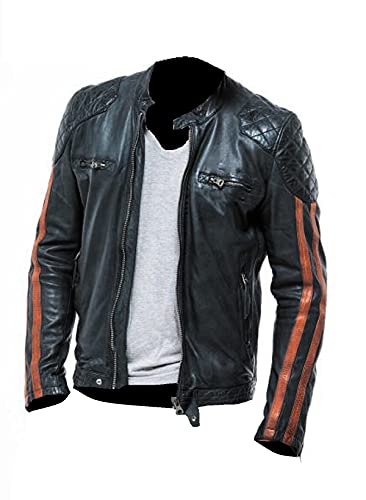 HiFacon Herren Vintage Retro Cafe Racer Schwarz Lederjacke Orange Streifen Biker Motorrad Stilvoll Echtes, Echtlederjacke, XXL von HiFacon