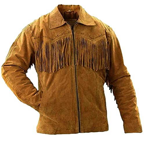 HiFacon Herren Western Cowboy Braun Wildleder Jacke mit Fransen, Braun - Veloursleder, L von HiFacon