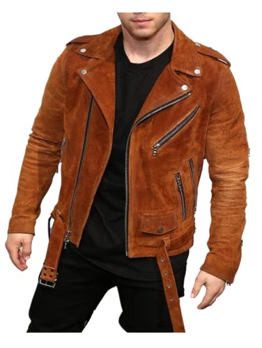 HiFacon Herren Wildlederjacke Biker Motorrad Stylisch Bomber Belted Tan, Wildlederjacke, Medium von HiFacon