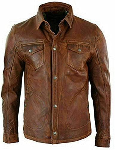 HiFacon Herren schwarzes leichtes Hemd mit langen Armen aus echtem Leder Motorrad Biker - Braun - XX-Small von HiFacon