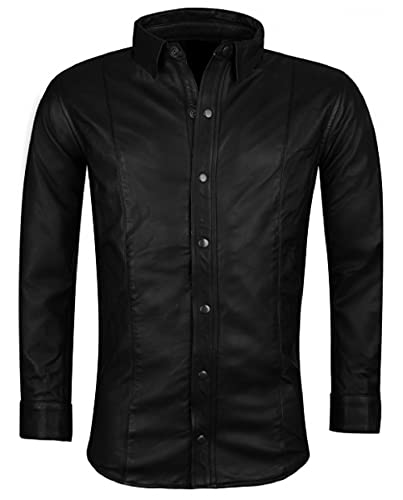 HiFacon Herren schwarzes leichtes Hemd mit langen Armen aus echtem Leder Motorrad Biker - Schwarz - XX-Large von HiFacon