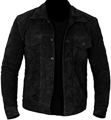 HiFacon Herrenjacke aus Wildleder, schwarz, stylisch, Biker, Cafe Racer, Retro, Vintage, Biker, Rennmotorrad, Schwarz – Wildlederjacke, M von HiFacon