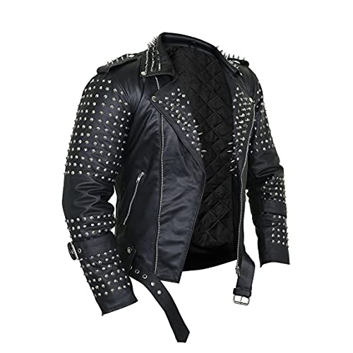 HiFacon Herrenjacke aus schwarzem Punkleder mit Spikes, Café Racer, silberfarbene Nieten, Herrenjacke, Studded - Real Leather Jacket, M von HiFacon