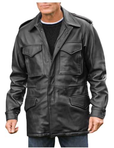 HiFacon John Rambo US Army Leder M65 Feldjacke Herren Militär M-65 4 Taschen Mantel, Schwarz - Echtleder, L von HiFacon