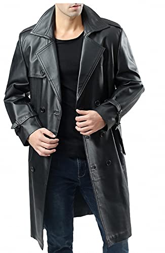 HiFacon Klassisches Herren-Outfit, langer Trenchcoat, langer Ledermantel, volle Länge, Schwarz, Trenchcoat, Leder, Schwarz, M von HiFacon