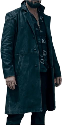 HiFacon Langer Herrenmantel, Leder, Ellenbogenaufnäher, Billy Baumwolle, Butcher Trenchcoat, Jacke, Billy Jacket Butcher, Schwarz – Schulterpatches aus Baumwolle/Kunstleder, XL von HiFacon