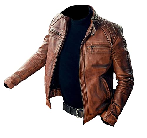 HiFacon Lederjacke für Herren, braun, Vintage-Bikerjacke, echtes Café-Racer-Design, klassische Motorradjacke, braun, Distressed Lederjacke, XXL von HiFacon