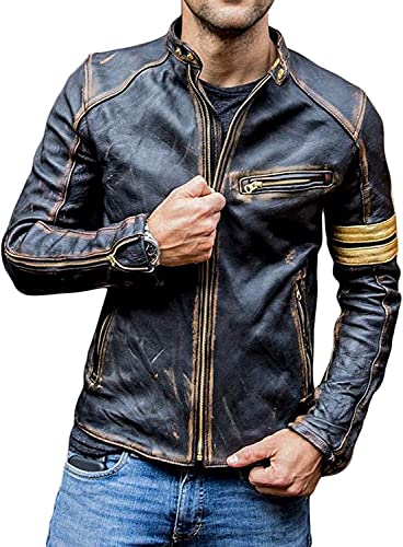 HiFacon Lederjacken für Herren, Cafe Racer, Motorradjacke, echtes Leder, Used-Look, Schwarz Gr. L, Schwarz – Motorradjacke mit gelben Streifen von HiFacon