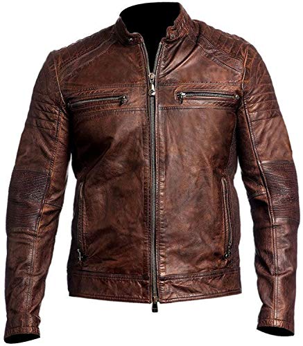 HiFacon Vintage Biker Motorcycle Cafe Racer Genuine Leather Jacket for Men in Black/Brown von HiFacon