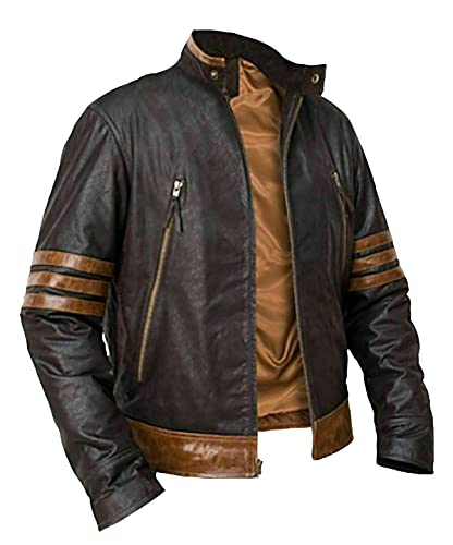 HiFacon X Origins Herren Motorradjacke, Leder, gestreift, Braun Gr. L, Braun – Kunstleder von HiFacon