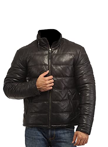 Lederjacke für Herren, gesteppt, Vintage-Stil, Biker, Motorrad, echtes Cafe Racer, Lederjacke, Black - Puffer Leather Jacket, M von HiFacon