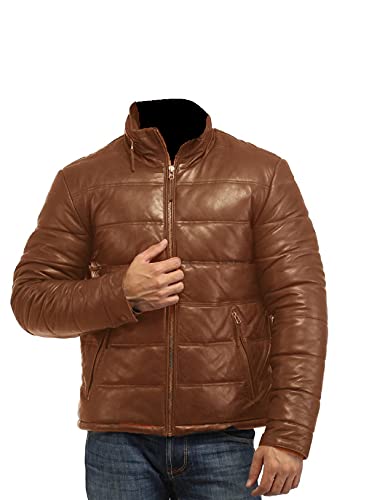 Lederjacke für Herren, gesteppt, Vintage-Stil, Biker, Motorrad, echtes Cafe Racer, Lederjacke, Brown - Puffer Leather Jacket, XS von HiFacon