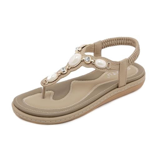 HiGropcore Damen Bohemian Sandalen Flache Zehentrenner Sandaletten Damen Sandalen Sommer Bequem Strandsandaletten Gummiband Slingback Sandalen Bequem Breite Füße Damensandalen Rutschfeste Sohle von HiGropcore