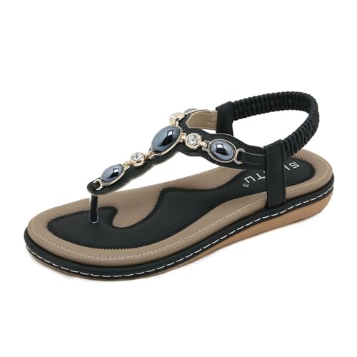 HiGropcore Damen Bohemian Sandalen Flache Zehentrenner Sandaletten Damen Sandalen Sommer Bequem Strandsandaletten Gummiband Slingback Sandalen Bequem Breite Füße Damensandalen Rutschfeste Sohle von HiGropcore