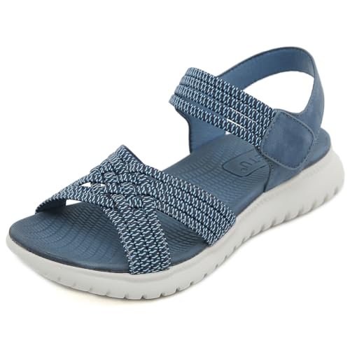 HiGropcore Damen Stretch Sportsandale Bequeme Treckingsandalen für breite Füße,Sommer Wandersandalen Flach Rutschfest Damensandalen mit Fußgewölbeunterstützung Klettverschluss Strandsandaletten von HiGropcore