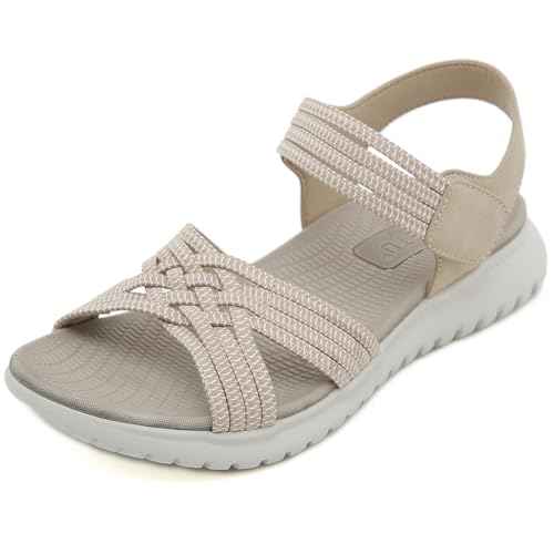 HiGropcore Damen Stretch Sportsandale Bequeme Treckingsandalen für breite Füße,Sommer Wandersandalen Flach Rutschfest Damensandalen mit Fußgewölbeunterstützung Klettverschluss Strandsandaletten von HiGropcore