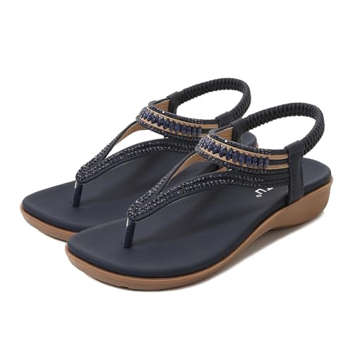 HiGropcore Zehentrenner Sandalen Damen Sommer T-Riemen-Sandalen Bohemian Sandals mit Strass Frauen Weichen Sohlen keilsandalen Damen Rutschfeste Strandsandaletten Gummiband Slingback von HiGropcore