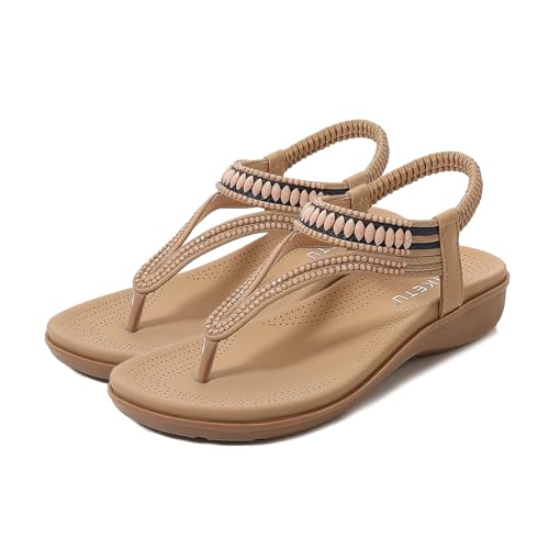 HiGropcore Zehentrenner Sandalen Damen Sommer T-Riemen-Sandalen Bohemian Sandals mit Strass Frauen Weichen Sohlen keilsandalen Damen Rutschfeste Strandsandaletten Gummiband Slingback von HiGropcore