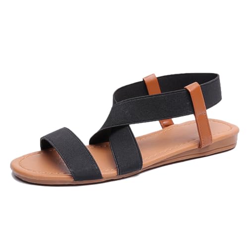 HiGropcore Sandalen Damen Sommer Casual Damen Flach Sandalen Bequeme Gummiband Sandalen Klassische Römersandalen mit Verstellbarer Knöchelriemen Gladiator Mode Treckingsandalen-damen von HiGropcore