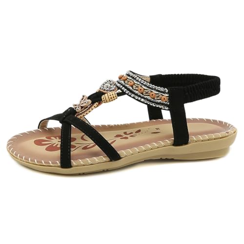 HiGropcore Sandalen Damen Sommer Strass Bohemia Flache Sandaletten Gummiband Slingback Sandalen Rutschfeste Strand Schuhe Weichen Sohlen Sommerschuhe Bequem Elegante Glitzer Sandalen von HiGropcore